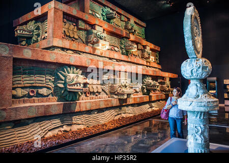 Replica, `Piramide de la serpiente emplumada´, Pyramid of the Feathered Serpent, or snake,from Teotihuacan, National Museum Anthropology. Mexico City. Stock Photo